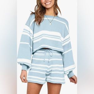 Women's Long Sleeve Solid Color Knit 2 Piece Short Sweater Outfits Sets